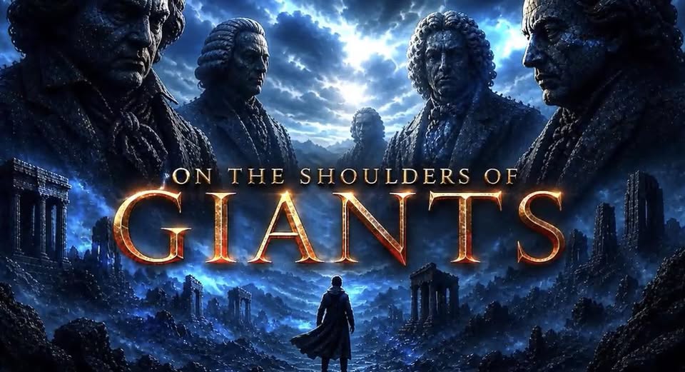 On the Shoulders of Giants Image of a person walking through an arena with musical legends like Beethoven looking down from above